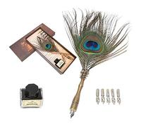 HEEPDD Feather Pen, Antique Peacock Feather Dip Pen Set for Calligraphy Writing Quill Pen with 5 Extra Nibs and Empty Ink Bottle in Gift Box for Artists Students Enthusiasts