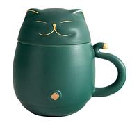 HEER Cat Tea Cup with Infuser and Lid - 10oz Ceramic Loose Leaf Tea Mug - Cat Lover Gift for Friends Family. (Green)