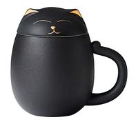 HEER Ceramic Tea Mug with Infuser and Lid, Cute Cat Tea Cup with Filter for Steeping Loose Leaf, Novelty Teacup Birthday Christmas Gifts for Men, Women, Cat Lovers. (Black)