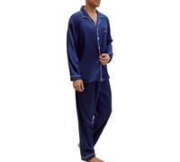 Heersan Mens Pyjamas Set 2 Piece Loungewear Classic Nightwear Silk Button Long Sleeve Top and Long Pants Sleepwear Blue