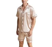 Heersan Men's Pyjamas Set Summer Silk Satin Short Sleeve Sleepwear Button Down Top & Shorts 2 Piece Comfy Loose Loungewear Sets for Casual Home Champagne