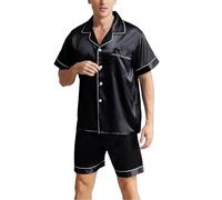 Heersan Men's Pyjamas Set Summer Silk Satin Short Sleeve Sleepwear Button Down Top & Shorts 2 Piece Comfy Loose Loungewear Sets for Casual Home Black