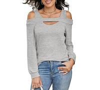 Heersan Womens Blouses Long Sleeve Tops U Neck T Shirts Off The Shoulder Tops for Women UK Ladies Tunic Basic Shirts LightGray