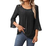 Heersan Womens Blouses Ruffle 3/4 Sleeve Double Layers Mesh Shirts Elastic Mesh Blouse Loose Flowy Tunic Tops Black