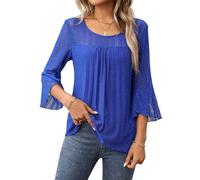 Heersan Womens Blouses Ruffle 3/4 Sleeve Double Layers Mesh Shirts Elastic Mesh Blouse Loose Flowy Tunic Tops Blue