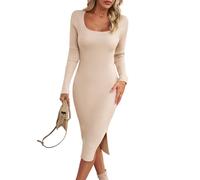 Heersan Women's Jumper Dress Long Sleeve Elegant Soft Knitwear Slim Fit Pullover Ladies Sweaters Autumn/Winter Long Style U-Neck Split Fork Party Dress Apricot