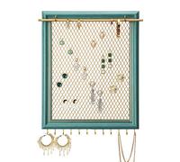 Heesch Hanging Earring Organizer Frame Wall Mounted Jewelry Holder Vintage Rustic Stud Earring Display with Removable Rod and 12 Hooks for Necklaces, Bracelets and Rings (Teal)