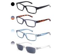 HEEYYOK 4 Pairs Mens Reading Glasses Unisex Rectangular Black Blue Tortoise Frame Readers Fexible Spring Hinge(Include 4 Pouches and 1 Sunshine Readers)