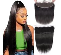 HEFABRIGHT 13X4 Lace Frontal Human Hair HD Frontal Closure Straight Wave Ear To Ear Virgin Human Hair 13X4 Lace Frontal Free Part 150 Density Pre Plucked Hairline Natural Black 16 Inch