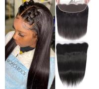 HEFABRIGHT 13X4 Lace Frontal Human Hair Straight Wave Ear To Ear Virgin Human Hair 13X4 Lace Frontal Free Part 150 Density Pre Plucked Hairline Natural Black 10 Inch