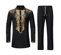 HEFASDM Men's African Dashiki 2 Piece Suit Shirts Pants Outfits Set, Black, Medium