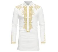 HEFASDM Men's Long Sleeve African Dashiki Traditional Gold Print Button Down Shirts, White 2, Medium