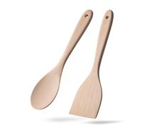 Hefild 12inch Wooden Spoons for Cooking, 2pcs Wooden Cooking Utensils Set with Long Handle Wooden Spoon and Spatula - Natural Beech Wood, Ergonomic Wok Corner Spatula - Sturdy Wooden Kitchen Utensils