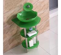 HEFJIAYCIQ Bathroom Tempered Glass Vessel Sink Set, Floor Standing Countertop Basin with Waterfall Faucet Drain, Matching Glass Disk Combo Set,Green,1set