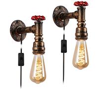 Hefoklu Industrial Pipe Lamps Set of 2 Wall Lamps with Plug in Cord for Bedroom Bedside Lighting Brass Vintage Gold Water Pipe Steampunk Sconces Farmhouse Mounted Fixtures E27 Socket with Switch