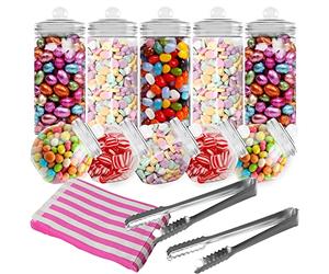 HEFTMAN 10 Retro Plastic Sweet Jars - Empty Sweet Jars With Lids, Vintage Victorian Style Sweets Jar Set, Pick & Mix Candy Buffet Kit for Parties With 2 Tongs & 50 Pink Candy Stripe Paper Bags