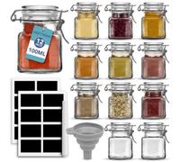 HEFTMAN Clip Top Glass Jars - 12 x 100ml Empty Small Spice Jars with Lids and Labels & Funnel, Airtight Seal - Perfect for Herbs, Spices, Seasoning, Oils, Décor, Jams, Spices Rack, Kitchen Storage