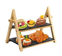 HEFTMAN 2 Tier Slate Cake Stand - Rustic Tiered Serving Platter for Afternoon Tea, Wood/Slate Foldable Food Display Stand - Serve Desserts, Sushi, Appetisers, Cakes, Cheese, Tapas, Meats (32cm x 41cm)