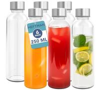 HEFTMAN 250ml Glass Bottles with Lids - 6 Pack Empty Glass Water Bottle, Airtight, Leakproof, Stainless Steel Lids - Water, Smoothies, Juice Bottles for Work, Gym, Home - Includes Cleaning Brush