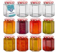 HEFTMAN Small Glass Jars with Lids - 12 Pack Airtight 480ml Jam Jars with Red Gingham Lids for Use as Pickle Jar, Jams, Honey, Candle Making, Preserving, Food Storage - Hexagonal Shape (Empty)