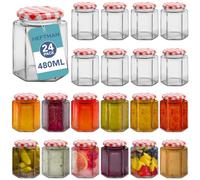HEFTMAN 480ml Jam Jars with Lids - 24 Pack Airtight Small Glass Jars for Use as Pickling Jars, Air Tight Jars with Red Gingham Lids for Candle Making, Preserving Jars - Hexagonal Small Jars (Empty)