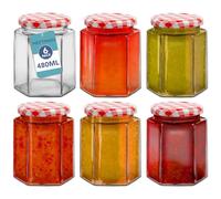 HEFTMAN Small Glass Jars with Lids - 6 Pack Airtight 480ml Jam Jars with Red Gingham Lids for Use as Pickling Jars, Glass Jars for Candle Making, Preserving Jars - Hexagonal Small Jars (Empty)