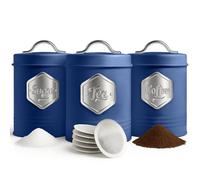 HEFTMAN Blue Tea Coffee Sugar Canisters - Stylish 3 Piece Canisters Sets for the Kitchen, Sugar Coffee Tea Storage Set with Airtight, Labelled Containers (3 PCS, Blue/Silver)