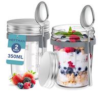 HEFTMAN Mason Jars for Overnight Oats - 2 Pack 350ml Overnight Oats Jar with Spoons & Airtight Stainless Steel Lids - Food-Safe Glass Breakfast Pots for Yogurt, Chia Pudding - 12oz, Reusable (2 PCS)
