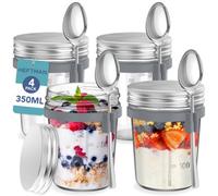 HEFTMAN Mason Jars for Overnight Oats - 4 Pack 350ml Overnight Oats Jar with Spoons & Airtight Stainless Steel Lids - Food-Safe Glass Breakfast Pots for Yogurt, Chia Pudding - 12oz, Reusable (4 PCS)