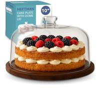 HEFTMAN Cake Stand with Dome Lid - 10" Non-Slip Acacia Wood Cake Stand with Clear Acrylic Dome Cover for Cakes, Pastries, Cheese Boards - Ideal for Birthday, Wedding, Party, Café (Flat)