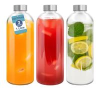 Heftman Clear Glass Bottles 1 Litre - 3 Pack Glass Bottles With Lids Airtight, Leakproof For Work Gym