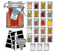 HEFTMAN Clip Top Glass Jars - 24 x 100ml Spice Jars with Lids and Labels Airtight Seal Small Glass Jars with Lids & Funnel Perfect for Herbs, Spices, Oils, Décor, Mini Jam Jars for Spice Rack