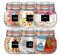 HEFTMAN Clip Top Glass Jars - Set of 6 500ml Airtight Glass Jars with Lids and Silicone Seal for Pasta, Sourdough Starter, Chutney, Pickling, Kitchen Organisation - Empty Food Storage Jar Set (6 Pack)