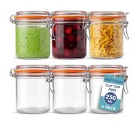HEFTMAN Clip Top Glass Jars - Set of 6 250ml Airtight Glass Jars with Lids and Silicone Seal for Pasta, Sourdough Starter, Chutney, Pickling, Kitchen Organisation - Empty Food Storage Jar Set (6 Pack)