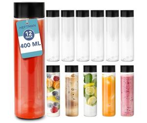 HEFTMAN Empty Plastic Juice Bottles with Lid, Sensory PET Bottles for Water, Iced Coffee, Smoothie To Go - Black Screw Cap, Food-Safe, 12 Pieces