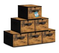 HEFTMAN Foldable Storage Boxes with Lids - Set of 6 (Rustic Brown) | 40 x 30 x 25cm, Non-Woven Fabric Storage Boxes with Lids & Handles, Collapsible Clothing Storage Box for Wardrobe, Bedroom