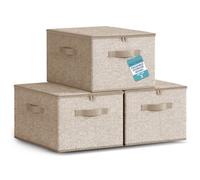 HEFTMAN Foldable Storage Boxes with Lids - Set of 3 (Beige) | 40 x 30 x 25cm, Non-Woven Fabric Storage Boxes with Lids & Handles, Collapsible Clothing Storage Box for Wardrobe, Bedroom