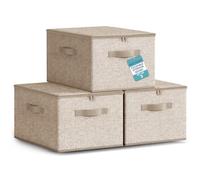 HEFTMAN Foldable Storage Boxes with Lids - Set of 3 (Beige) | 40 x 30 x 25cm, Non-Woven Fabric Storage Boxes with Lids & Handles, Collapsible Clothing Storage Box for Wardrobe, Bedroom