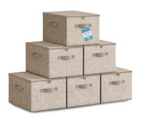 HEFTMAN Foldable Storage Boxes with Lids - Set of 6 (Beige) | 40 x 30 x 25cm, Non-Woven Fabric Storage Boxes with Lids & Handles, Collapsible Clothing Storage Box for Wardrobe, Bedroom