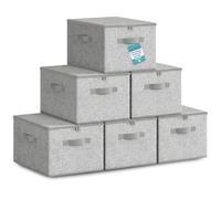 HEFTMAN Foldable Storage Boxes with Lids - Set of 6 (Light Grey) | 40 x 30 x 25cm, Non-Woven Fabric Storage Boxes with Lids & Handles, Collapsible Clothing Storage Box for Wardrobe, Bedroom