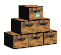 HEFTMAN Foldable Storage Boxes with Lids - Set of 6 (Rustic Brown) | 40 x 30 x 25cm, Non-Woven Fabric Storage Boxes with Lids & Handles, Collapsible Clothing Storage Box for Wardrobe, Bedroom