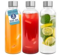 HEFTMAN Glass Bottles with Lids - 3 Pack 500ml Empty Glass Water Bottle Airtight, Leakproof, Stainless Steel Lids - Water, Smoothies, Juice Bottles with Lids & Cleaning Brush for Work, Gym, Home