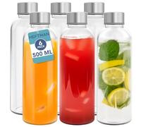 HEFTMAN Glass Bottles with Lids - 6 Pack 500ml Empty Glass Water Bottle, Airtight, Leakproof, Stainless Steel Lids - Water, Smoothies, Juice Bottles for Work, Gym, Home - Includes Cleaning Brush