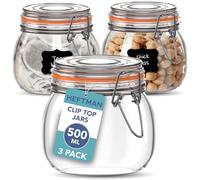 HEFTMAN Glass Clip Top Jar Set of 3, 500ml Airtight Glass Jars with Lids | Empty Glass Storage Jars with Silicone Seal, for Pasta, Sourdough Starter, Chutney, Kitchen Organisation