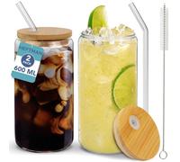 HEFTMAN Glass Cups with Lids and Straws - 2 Pack Empty 600ml Can Shaped Glasses with Airtight Bamboo Lids, Glass Straws & Straw Cleaning Brush - Iced Coffee Glass for Smoothies, Beer, Parties, BBQ