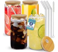 HEFTMAN Glass Cups with Lids and Straws - 4 Pack Empty 600ml Can Shaped Glasses with Airtight Bamboo Lids, Glass Straws & Straw Cleaning Brush - Iced Coffee Glass for Smoothies, Beer, Parties, BBQ