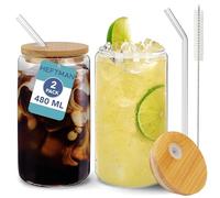 HEFTMAN Glass Cups with Lids and Straws - 2 Pack, 480ml Can Shaped Glasses | Airtight Bamboo Lids, Glass Straws & Straw Cleaning Brush, Empty Iced Coffee Glass for Smoothies, Beer, Parties, BBQ