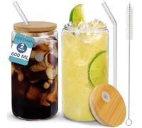 HEFTMAN Glass Cups with Lids and Straws - 2 Pack, 600ml Can Shaped Glasses