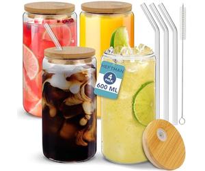 HEFTMAN Glass Cups with Lids and Straws - 4 Pack Empty 600ml Can Shaped Glasses with Airtight Bamboo Lids, Glass Straws & Straw Cleaning Brush - Iced Coffee Glass for Smoothies, Beer, Parties, BBQ