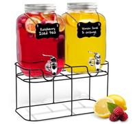 HEFTMAN Glass Drink Dispenser with Tap - 2 x 4 Litre | Empty Mason Jar Drinks Dispenser with Plastic Tap, Metal Wire Stand, for Cocktails, Punch, Summer, Parties, BBQ